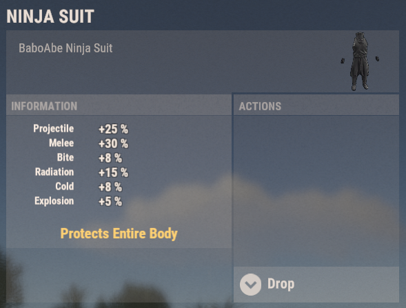 Ninja Suit with stats, same exact stats as Surgeon scrubs. But can wear  helmet/bandana/Glasses etc. Even a miner's hat. This is subject to change,  from staging branch. BaboAbe's Twitch Drop : r/playrust